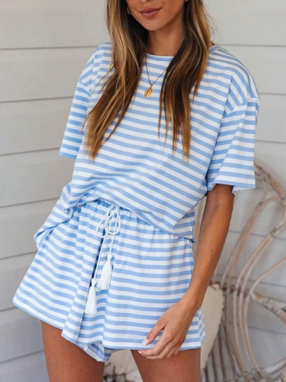 Striped Short Sleeve Tee and Drawstring Shorts Set - Picture 2 of 14